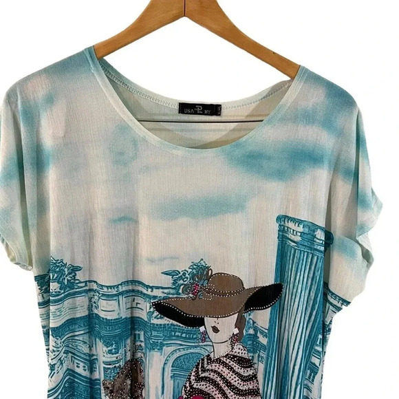 LP Rhinestone Studded Novelty Blouse XXL Woman Cheetah Building Ruched Stretch - Picture 3 of 15